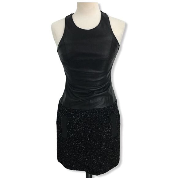 Bailey 44 Black Faux Leather Boucle Fabric Dress - Picture 1 of 9